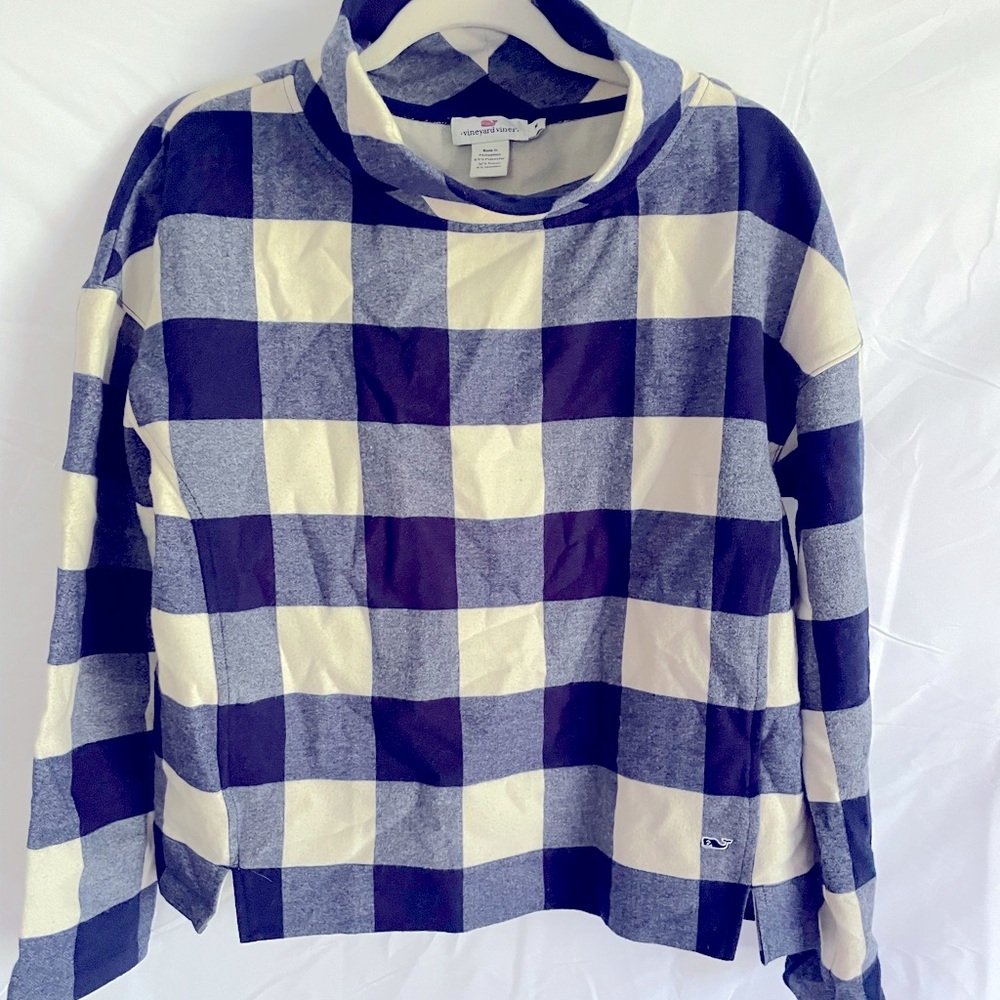 Vineyard Vines Womens Blue and White Buffalo Check Sweater